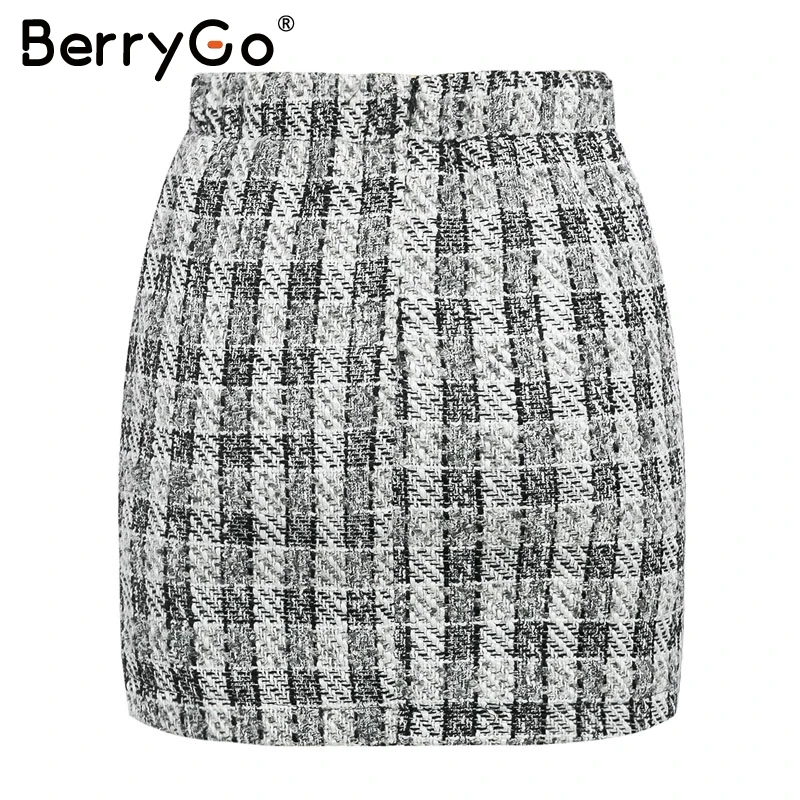 BerryGo Прямая элегантная офисная Vintage осенняя юбка Простая двубортная твидовая клетчатая женская юбка Прямая элегантная офисная Vintage осенняя женская короткая мини-юбка