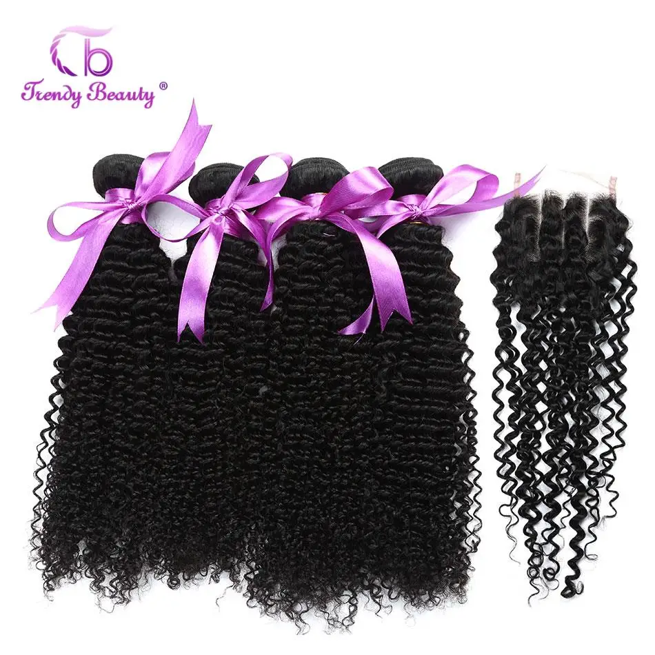 Indian Afro Kinky Curly With Closure 100% Human Hair Extensions 4Bundles With 5x5 Lace Closure 5Pcs Trendy Beauty Hair