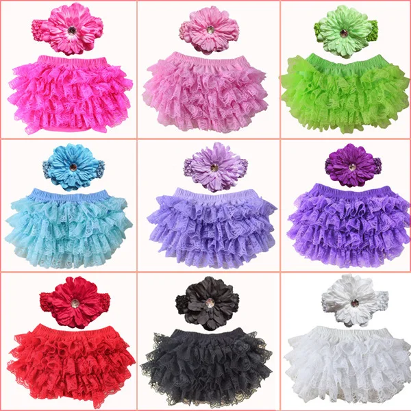 

Lovely Baby Lace Shorts Set Infant Posh Petti Ruffles Bloomer with Flower Headband Kids Cotton Diaper Covers Underwear 24pcs/lot