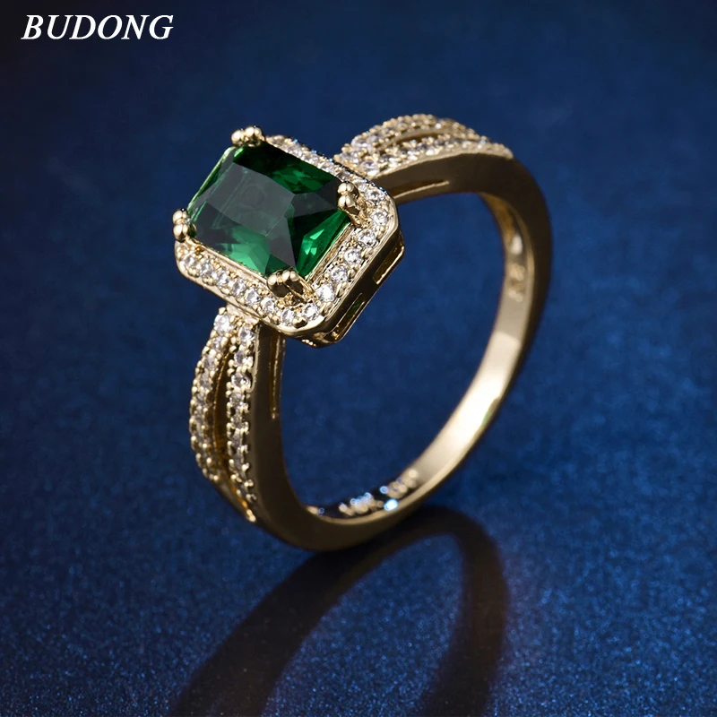 BUDONG помолвочный Зеленый хрустальный камень женское кольцо с цирконом для