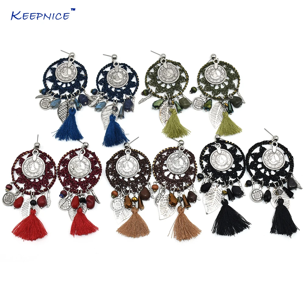 Этнические висячие серьги Военная зеленая кисточка винтажная Серебряная монета