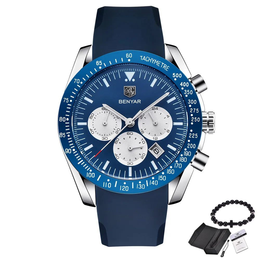 Silicone blue blue Топ люксовый бренд BENYAR мужские часы спортивные бизнес Стальные кварцевые часы повседневные мужские наручные часы с хронографом Relogio Masculino - Цвет: Silicone blue blue