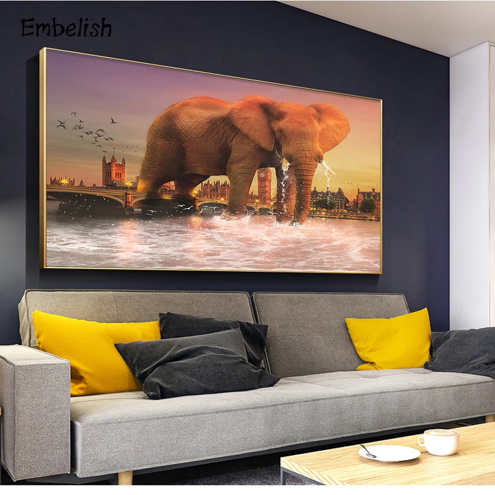 

Embelish 1 Pieces Big Elephant In City Abstract Animals Wall Art Pictures For Living Room Modern Home Decor HD Canvas Paintings