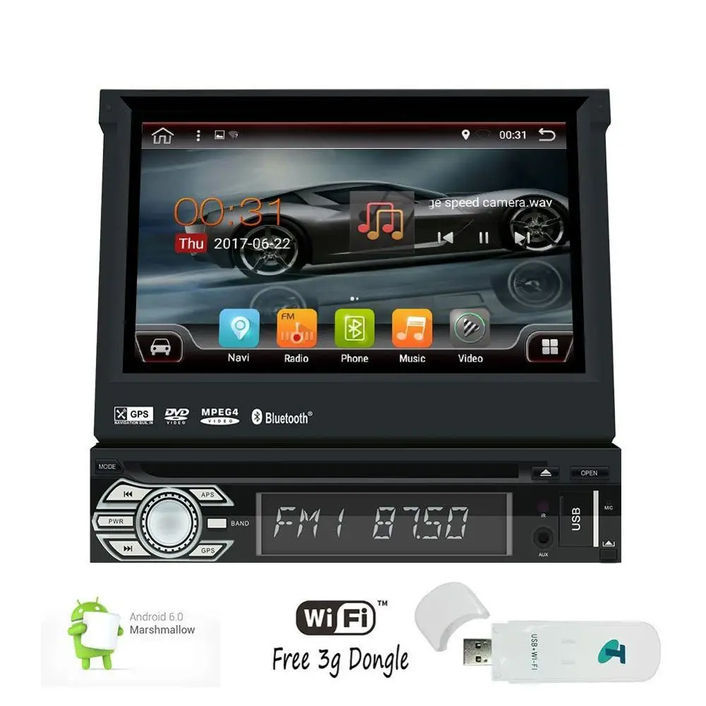 Один DIN Android 6.0 dvd плеер автомобиля Quad Core Авторадио Bluetooth 7 ''GPS головное