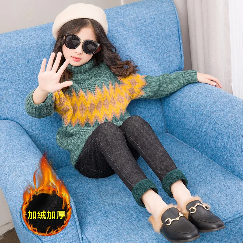 

Korean Girl jeans elastic girls leggings Winter Plus velvet thickening children's clothing Solid Causal Jeans For Girls Legging