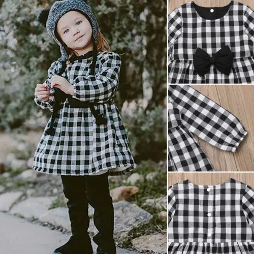 Pudcoco 2018 Toddler Kid Baby Girl Dress Princess Plaid Button Fly Long Sleeve Party Bow Dresses Cotton Coat Autumn Outfit 1-6T | Детская