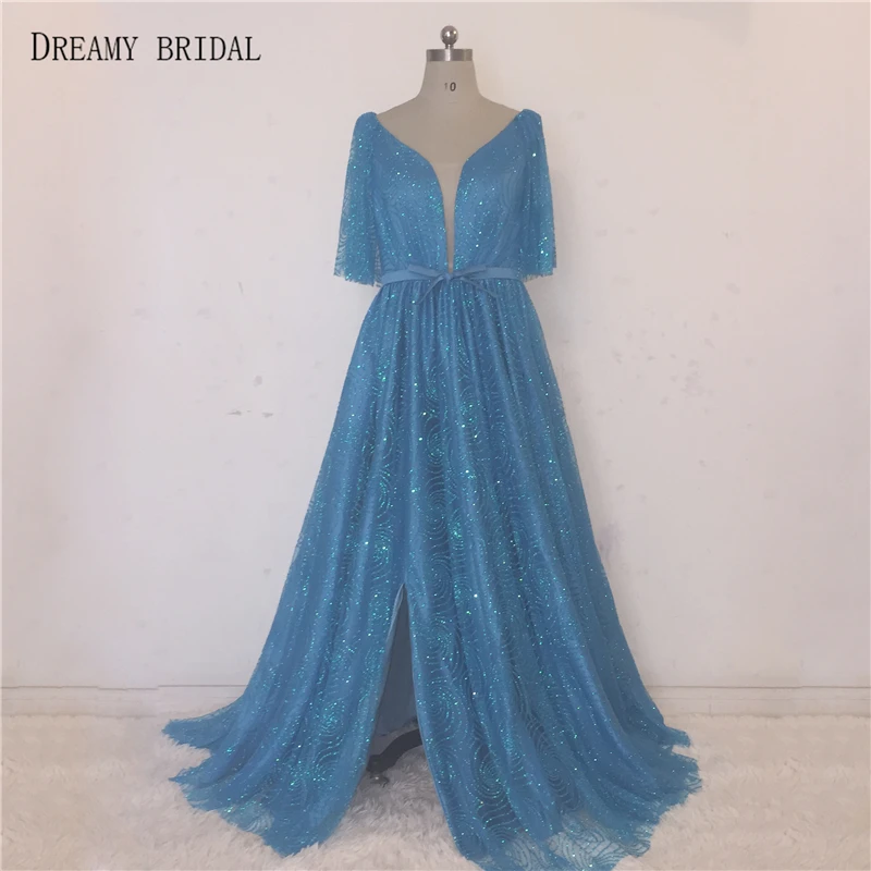 Dreamy Свадебные Элегантные Синие вечерние платья с блестящими камнями халат De Soiree половинные рукава сексуальные разрезы торжественные платья под заказ сделано