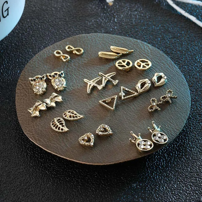 Набор серег гвоздиков золотого цвета с подвесками 12 пар|Серьги-гвоздики| |