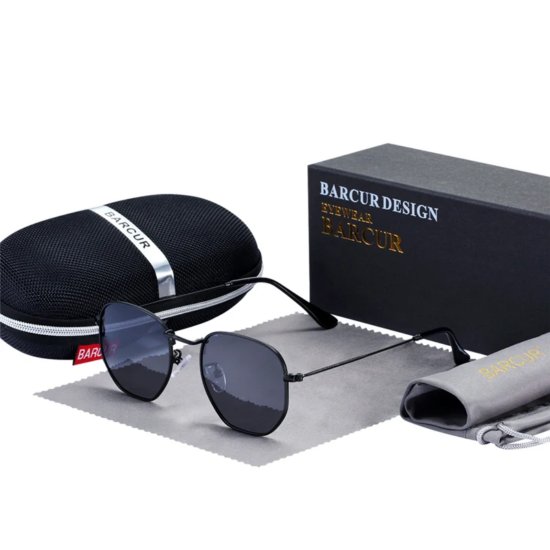 Black Gray BARCUR Классические отражающие солнцезащитные очки мужские Нержавеющая сталь оправа очки Солнцезащитные очки женские Oculos De Sol - Цвет линз: Black Gray