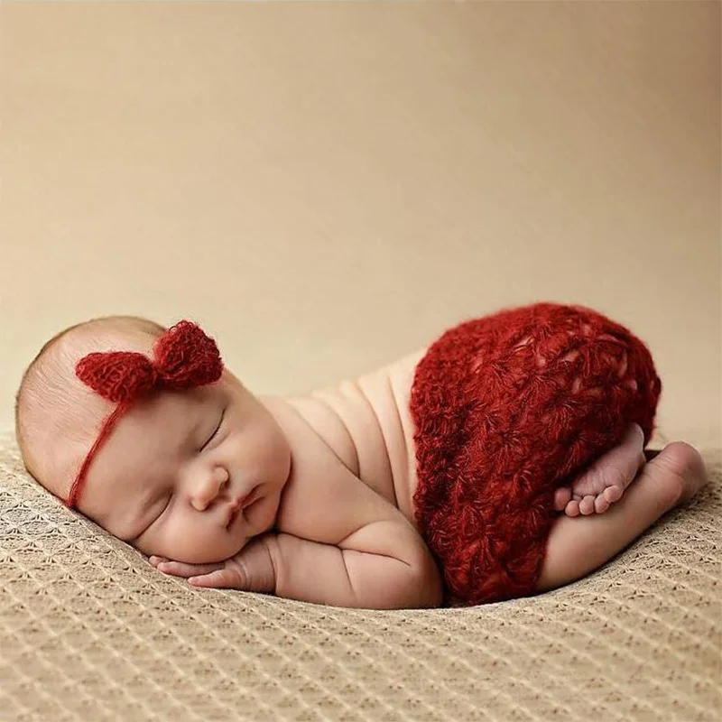 Baby fotografie props newborn mohair knitted outfits bow headband new born photography prop infant photo suits toddler shooting | Детская