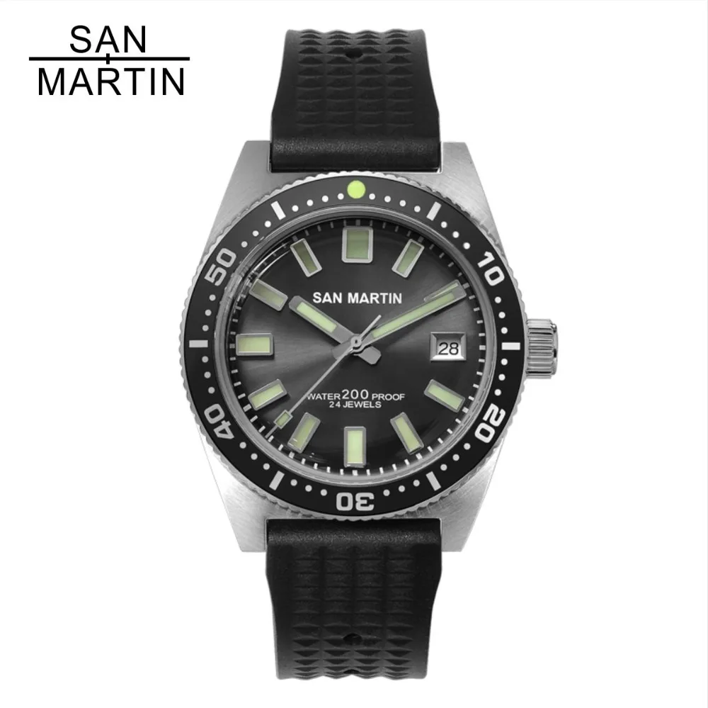 Мужские автоматические часы San Martin 62MAS из нержавеющей стали, водонепроницаемые часы для дайвинга 200 м, 12 люминесцентных ободков, Relojes Hombre
