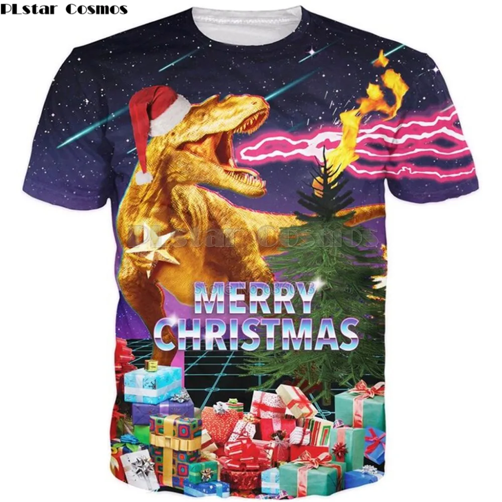 

PLstar Cosmos 2018 New summer Fashion Christmas T-shirt Santasaurus Rex Print 3d tshirt Hipster Men's Women's Casual t shirt