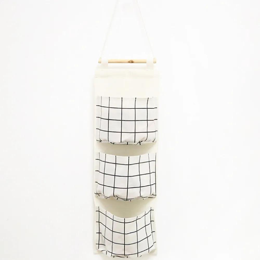 Сетчатый узор хлопковая льняная подвесная сумка для хранения 3 кармана настенный