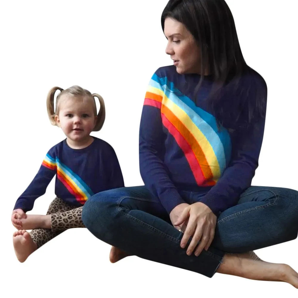 Детская Радужная толстовка с длинными рукавами «Mommy Me», топ, вязаный свитер, темно-синяя хлопковая одежда, семейная одежда,# SS