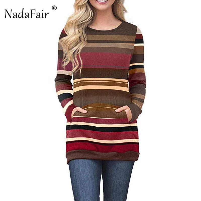 Nadafair 2018 осень-зима О Шея Полосатый Лоскутные толстовки с двумя карманами Для