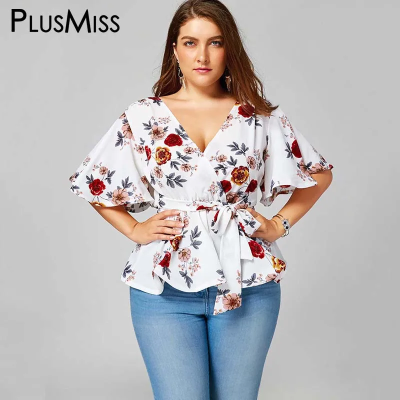 PlusMiss плюс размеры 5XL Цветочный Принт поясом баски Блузка для женщин Лето V