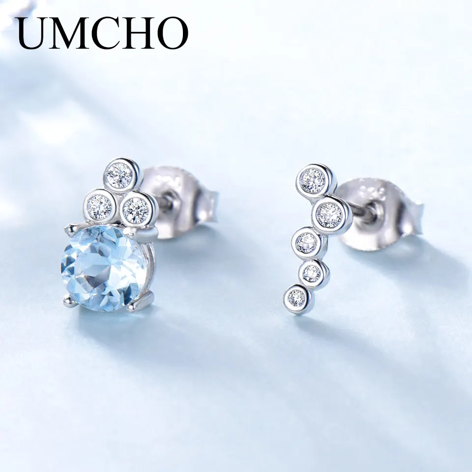 Женские серьги-пусеты UMCHO серьги из серебра 925 пробы с натуральным синим топазом