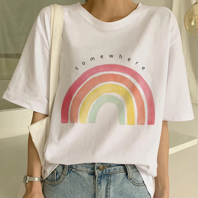 Футболка с радугой, милая Футболка Harajuku, женская футболка Ullzang Rainbow Unicorn, модная футболка с коротким рукавом, Kawaii, женские футболки
