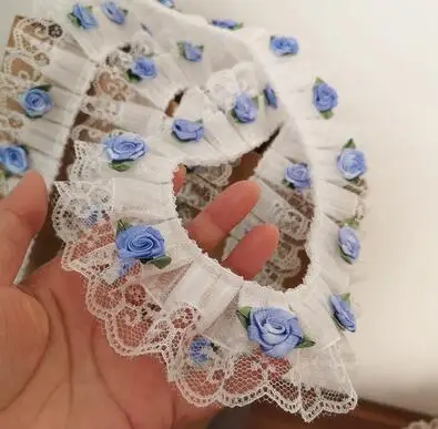 White and blue 5 см широкая Горячая вышивка 3D цветок тюль кружевная ткань отделка ленты DIY шитье рюшами Аппликация воротник Дубай гипюр Свадебный декор - Цвет: White and blue