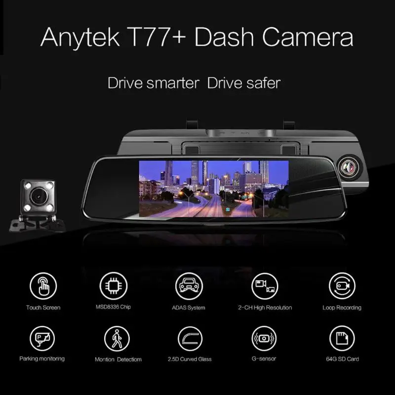 Anytek T77+ Автомобильный видеорегистратор с двумя объективами и сенсорным экраном, FHD автомобильная камера, видеорегистратор, зеркало заднего вида с видеорегистратором заднего вида, видеорегистратор
