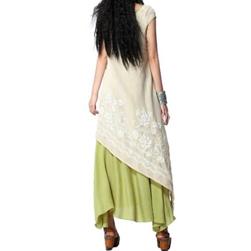 Длинное льняное платье с вышивкой винтажное Хлопковое коротким рукавом и