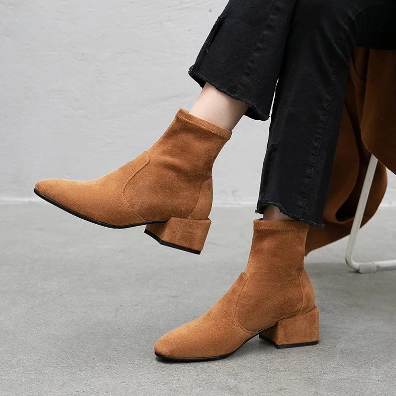 

ISNOM Genuine Leather Ankle Sock Boots Women Autumn High Heels Booties Fashion Elastic Shoes Female Square Toe Shoes Ladies 2019