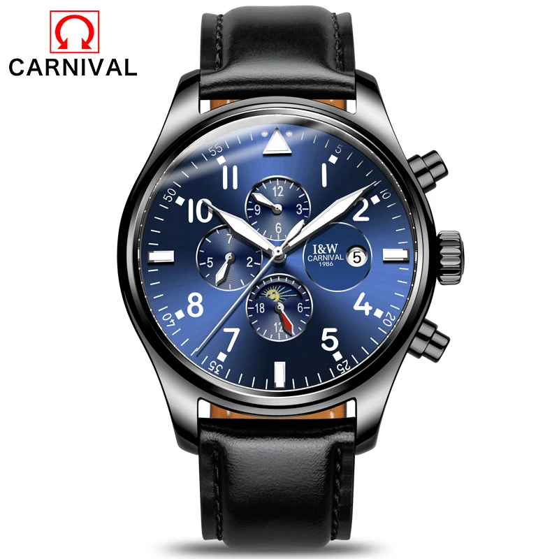 

2017 CARNIVAL Skeleton Watch Men Automatic Waterproof Top Brand Mens Mechanical Watches Leather Calendar Watch Relogio Masculino