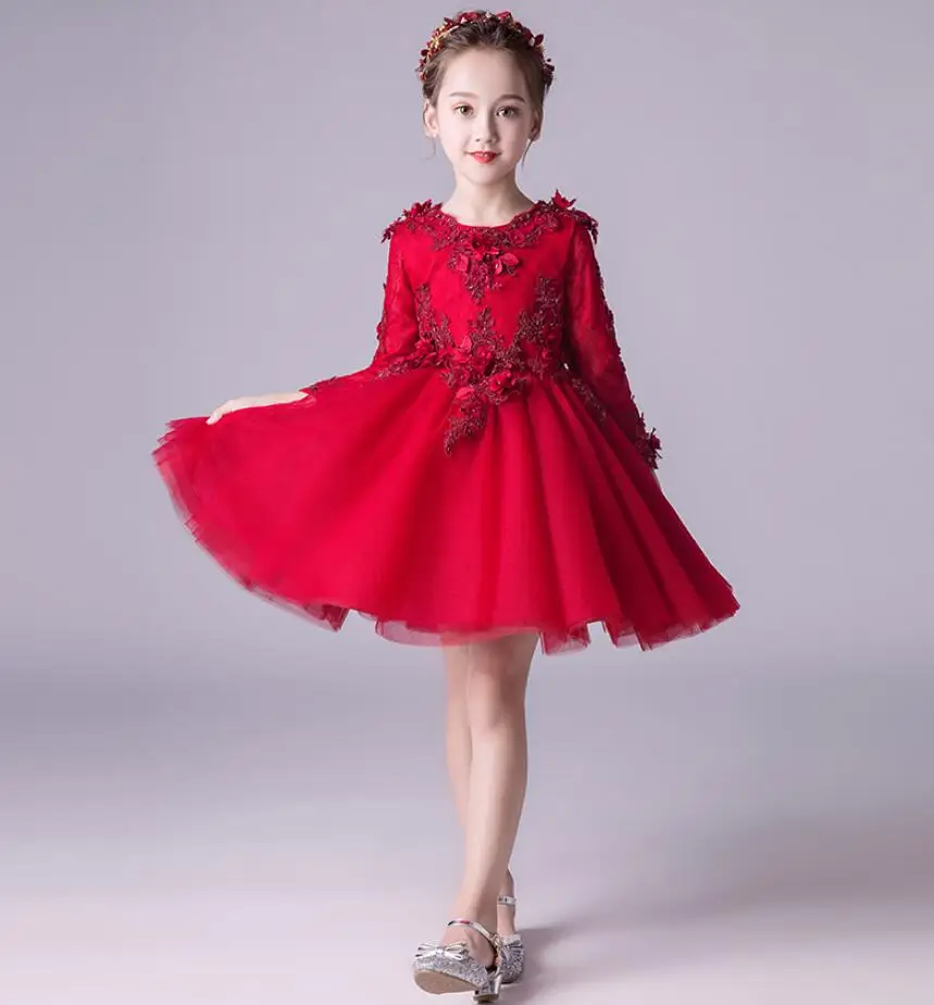 Kids Girl Dress Red Tulle Appliques Flower Party Ball Gown Prom Long Sleeve Kid Princess Wedding First Communion | Детская одежда и