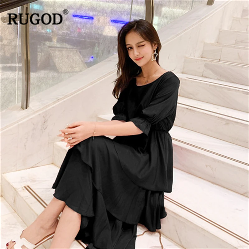 Женское платье с круглым вырезом RUGOD однотонное приталенное ТРАПЕЦИЕВИДНОЕ