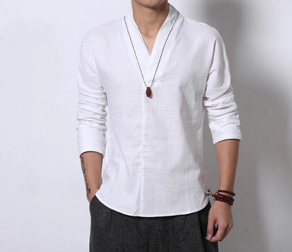 Мужской Хлопковый льняной костюм Топ с длинным рукавом в китайском стиле дышащие