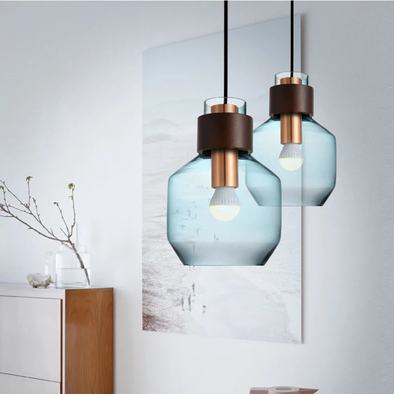 Бар однокамерный стеклянный подвесной светильник серый Синий янтарный абажур E27