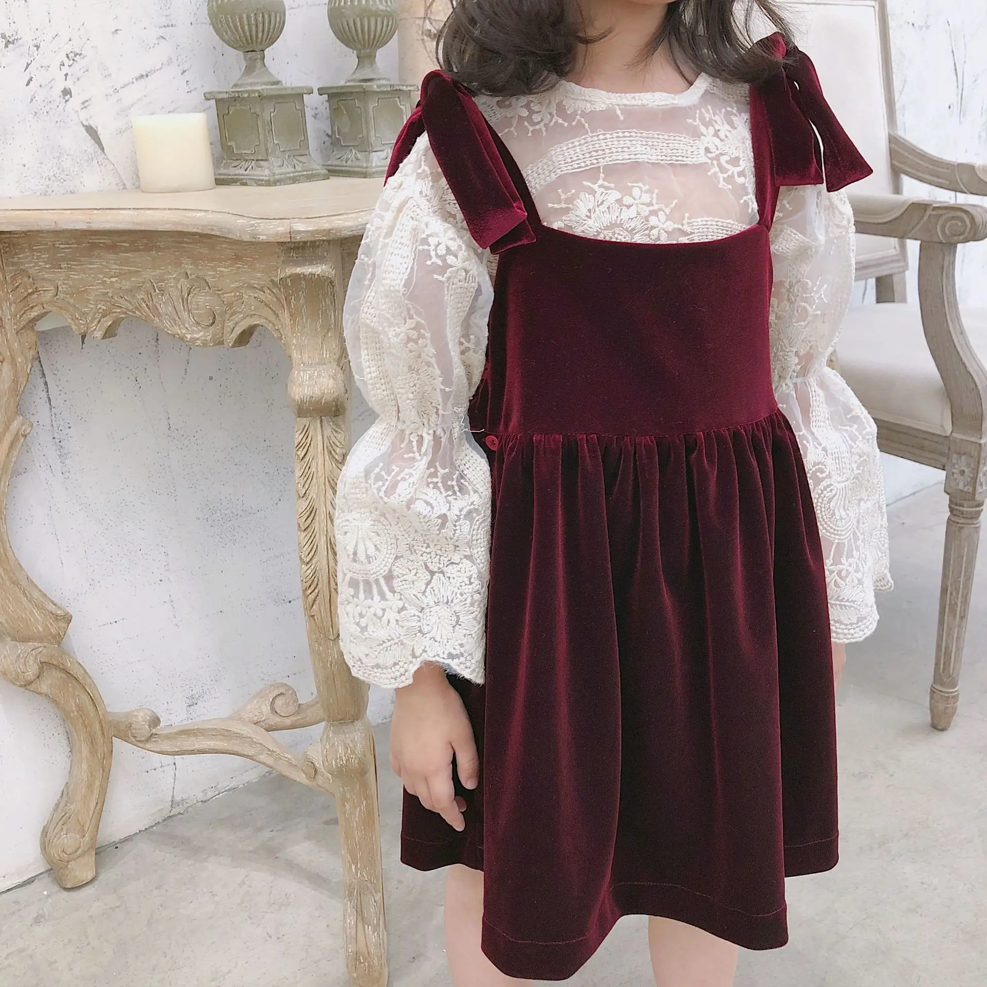 Элегантное винтажное вельветовое платье и кружевные рубашки наряды для девочек