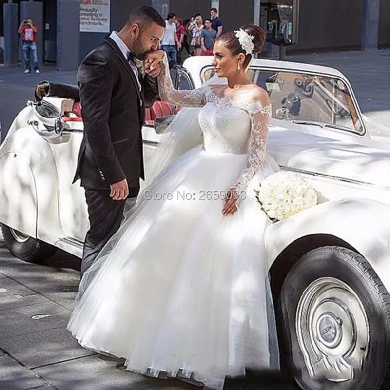 2017 Wedding Dresses Ball Gown Boat Neck Tulle Long Sleeve Lace Applique vestidos de noiva trouwjurk Custom Made l1445 | Свадьбы и