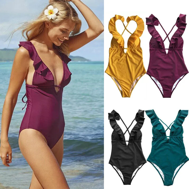 

Women V Neck Monokini Swimsuit Fast Dry Sleeveless Backless Slim Fit Bikini for Summer ASD88