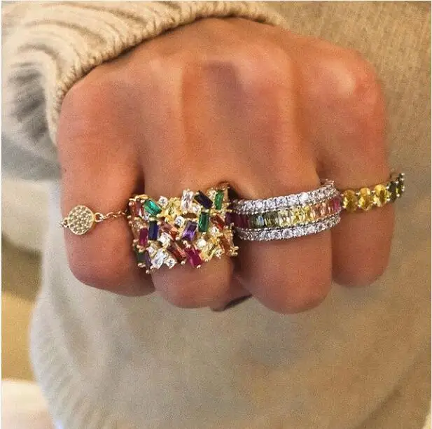 

Exquisite Shinny Rainbow Rings Korean New 3 Rows Colorful Cubic Zircon Women Finger Jewelry Ring Size 6 7 8 Wedding Ring