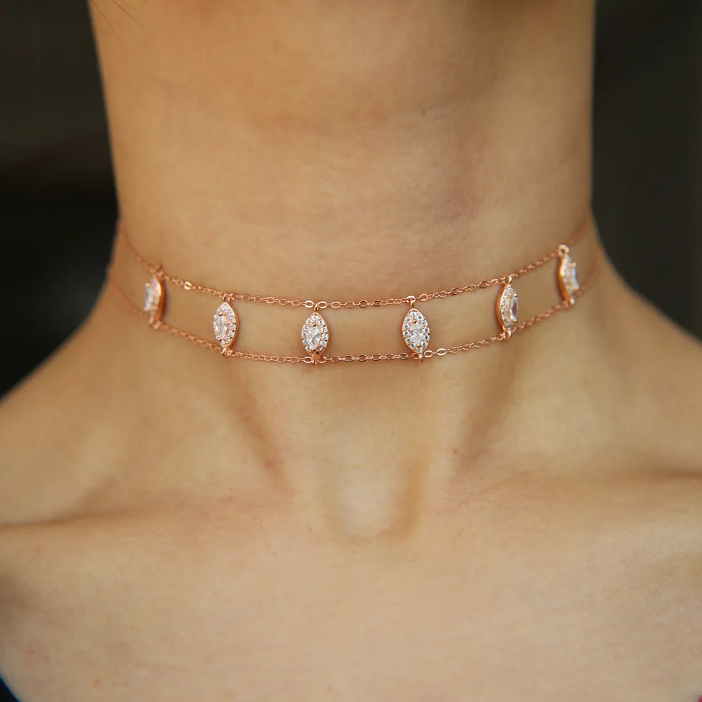 Изысканное серебро 925 пробы, модное Золотое короткое ожерелье с блестящим фианитом, Двойная Цепочка, капля воды, колье для женщин, элегантное ювелирное изделие