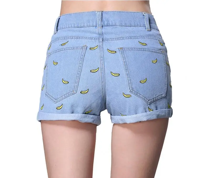 

Summer new women's high waist banana embroidery denim shorts women