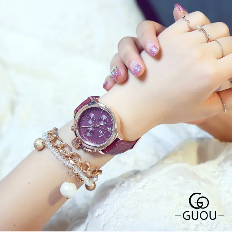 Часы GUOU модные повседневные женские 3 календарь с глазами кожа Hardlex под платье