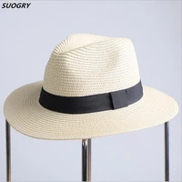 suogry 2017 new summer hats for women black ribbon straw hat fashion lady church caps beach sun hat