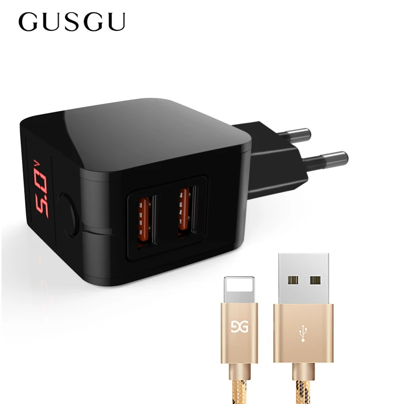 Универсальное зарядное устройство GUSGU с двумя USB-портами и светодиодным дисплеем