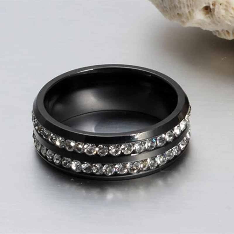 Ретро унисекс черное кольцо двойные кольца с фианитом антиаллергенные титановые