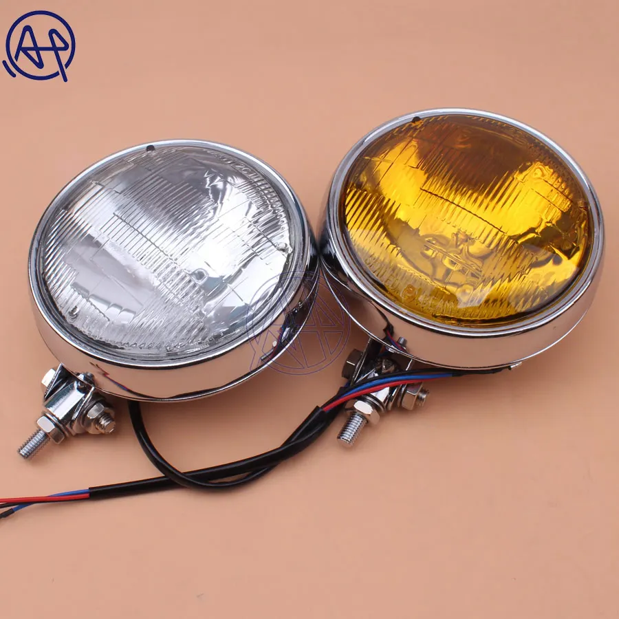 Motorcycle Black/Chrome Old School Vintage Metal Retro Front Hi-Lo H4 Headlight Clear/Amber Lens For Harley Chopper Honda Yamaha |