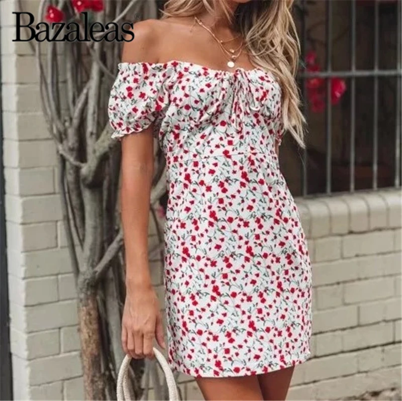 Bazaleas бюст лук мини платья Бюстье Талия vestido Повседневная мода 2019 цветочный принт