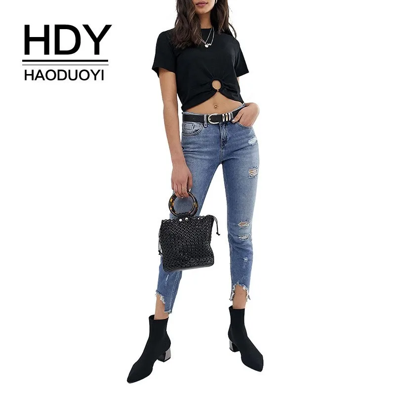 Летние модные стильные однотонные Топы HDY Haoduoyi Femme повседневные Открытые черные