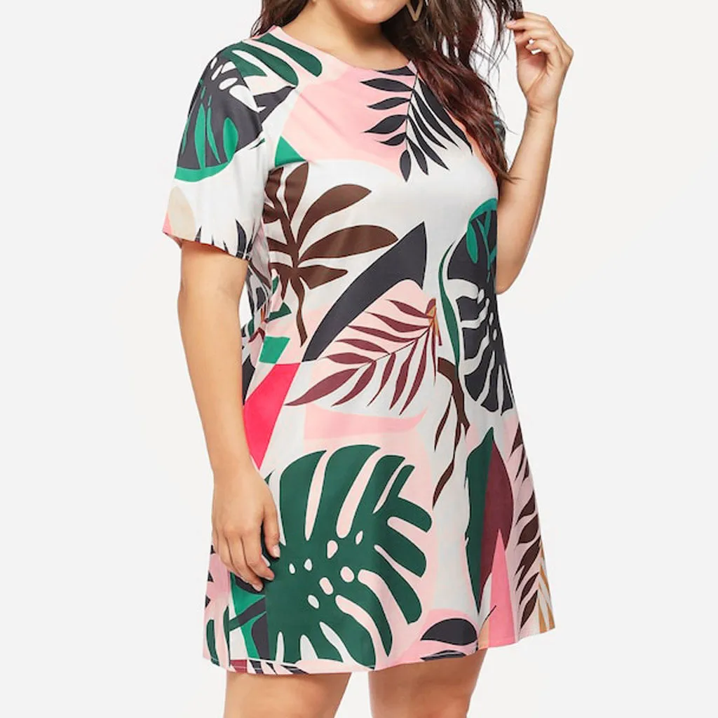 Модное женское сексуальное платье большого размера с принтом листьев коротким