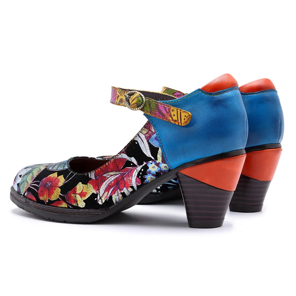 Женские туфли-лодочки из натуральной кожи в стиле ретро; женские демисезонные туфли на высоком квадратном каблуке с ремешком на щиколотке и цветочным принтом