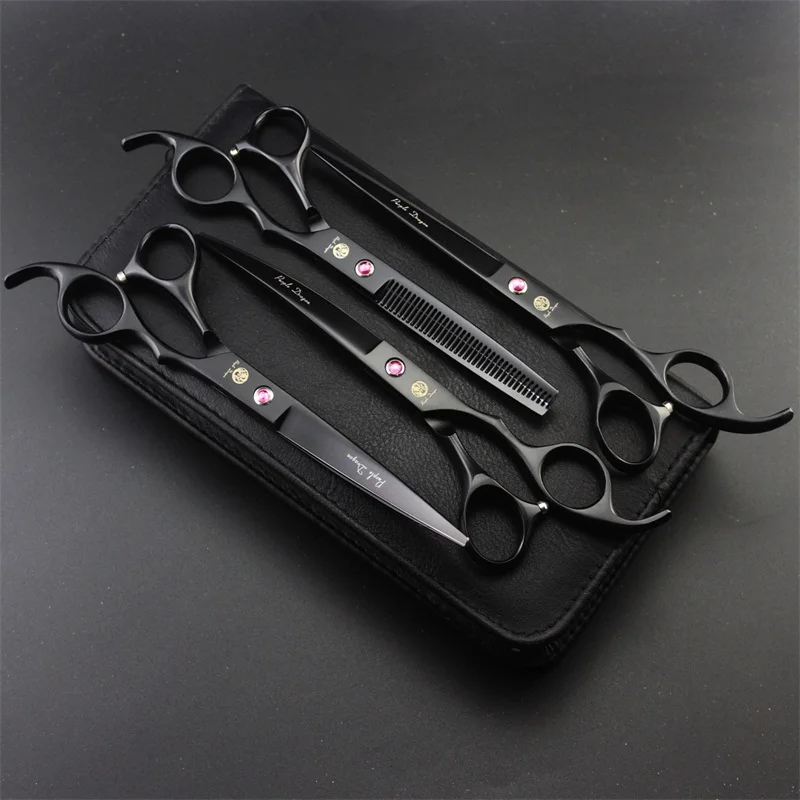 Black P-704 Высокое качество, 7,0 дюймов, профессиональные ножницы для домашних животных, ножницы для стрижки собак, набор, прямые и изогнутые и истонченные, 4 шт. в наборе, стрижка для домашних животных, инструменты - Цвет: Black P-704