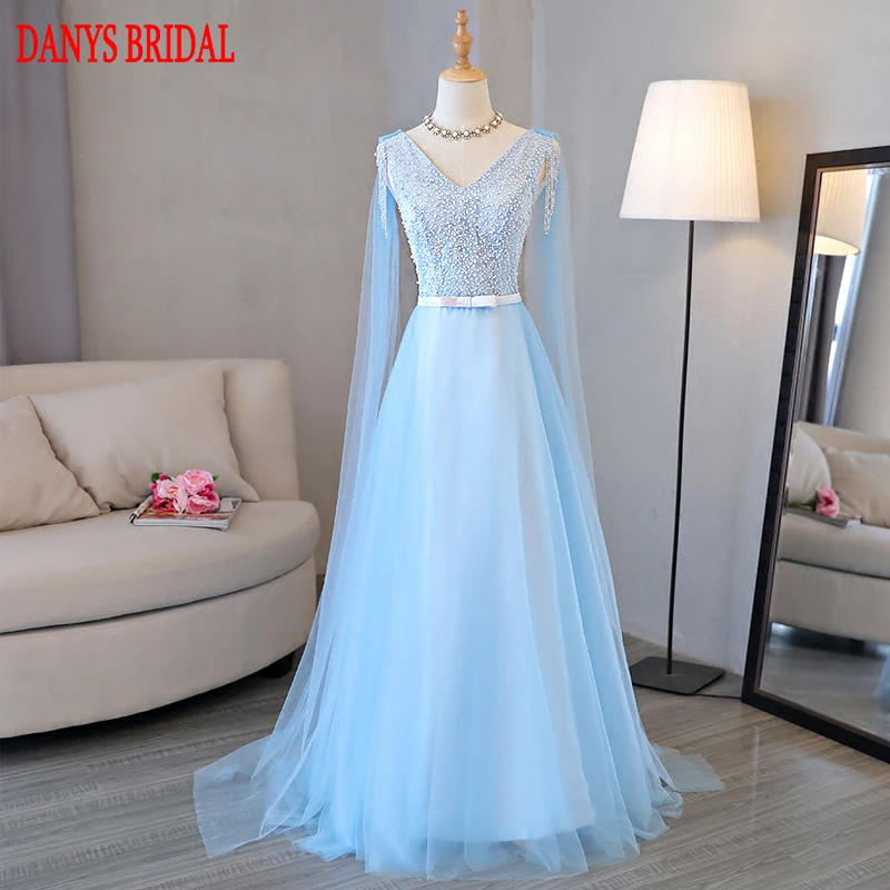 Длинное вечернее платье небесно голубого цвета вечерние платья с бусинами