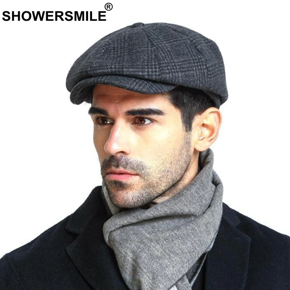 SHOWERSMILE Мужская кепка Newsboy s шерстяная плоская кепка с узором в елочку s кофейная Кепка в стиле ретро Восьмиугольные Мужские Винтажные осенне-зимние Восьмиугольные шляпы