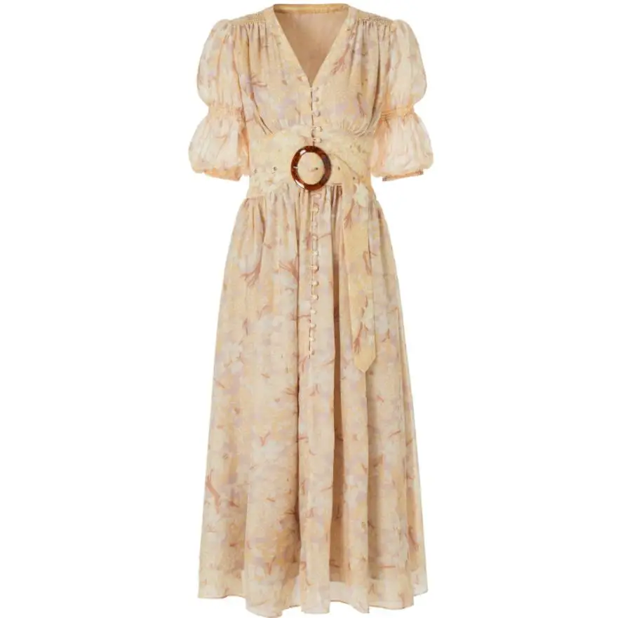 

Floral Printed dress women 2020 Summer New V-neck Slim high waist lanrern sleeve a-line dress